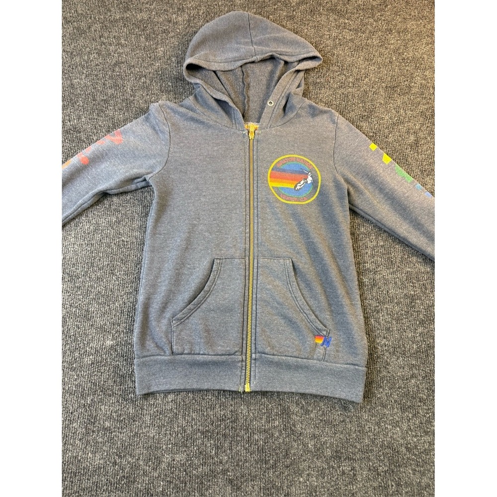 Aviator Nation Youth Gray Zip Up Hoodie Rainbow Logo Size 10 Gold Zipper